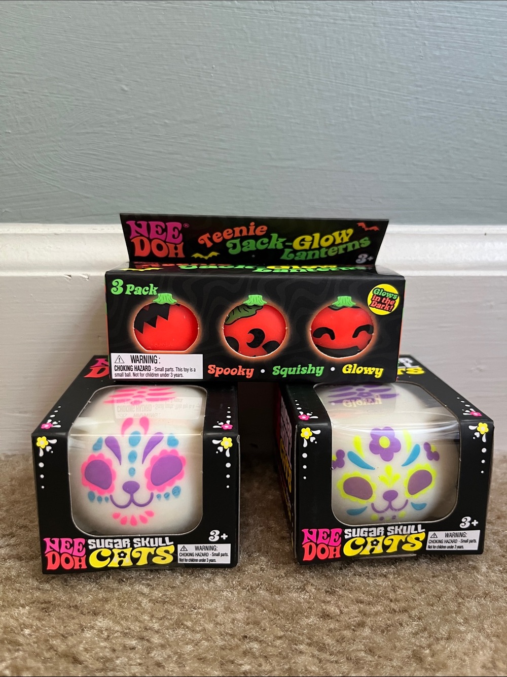 Schylling NeeDoh Sugar Skull Cats x2 & Teenie Jack-Glow Lanterns 3 Pack NEW